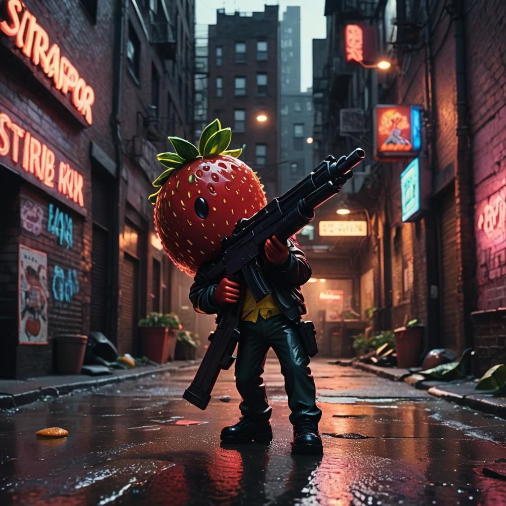 Cartoon Strawberry with Gun in Dark Alley