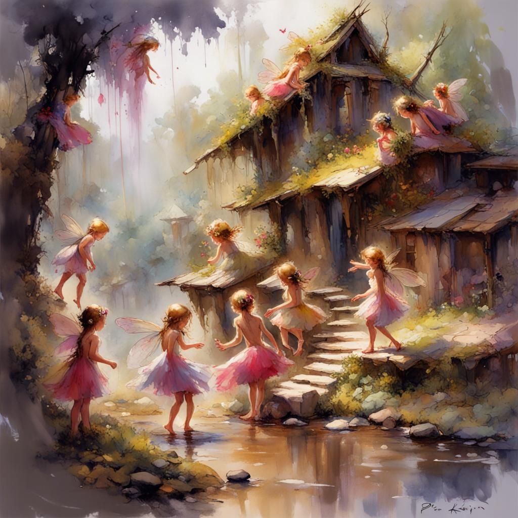 Faeries playing in the village stream