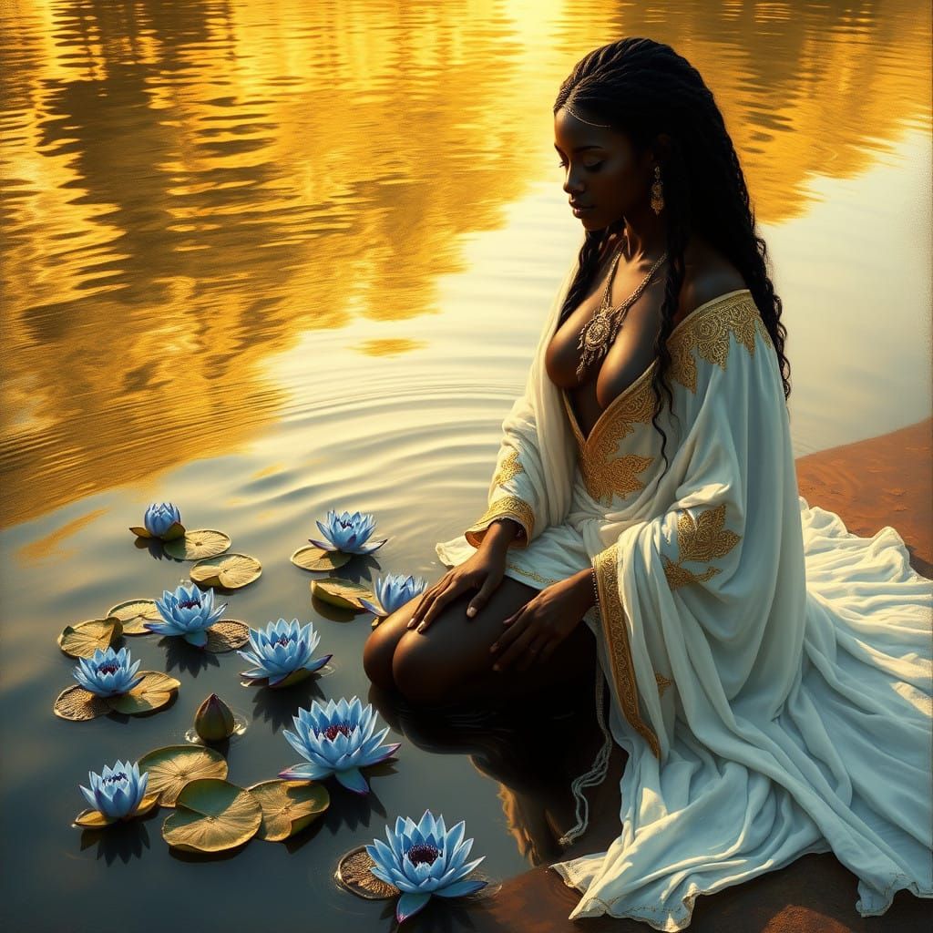 Serene Ebony Goddess Basks in River's Radiance
