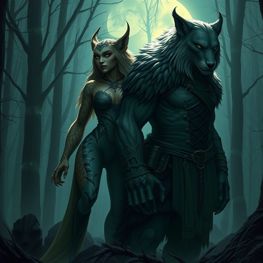 Majestic Hybrid Creatures in Misty Forest