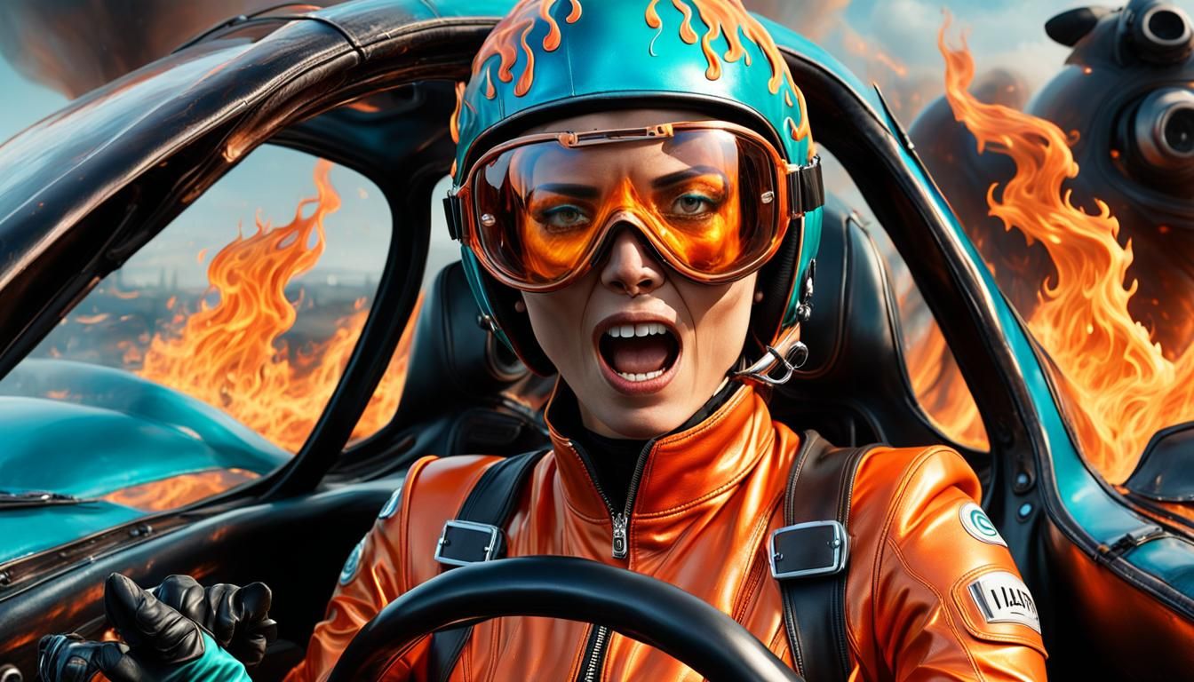 Burning Fear: Hyperrealistic Woman in Racing Car