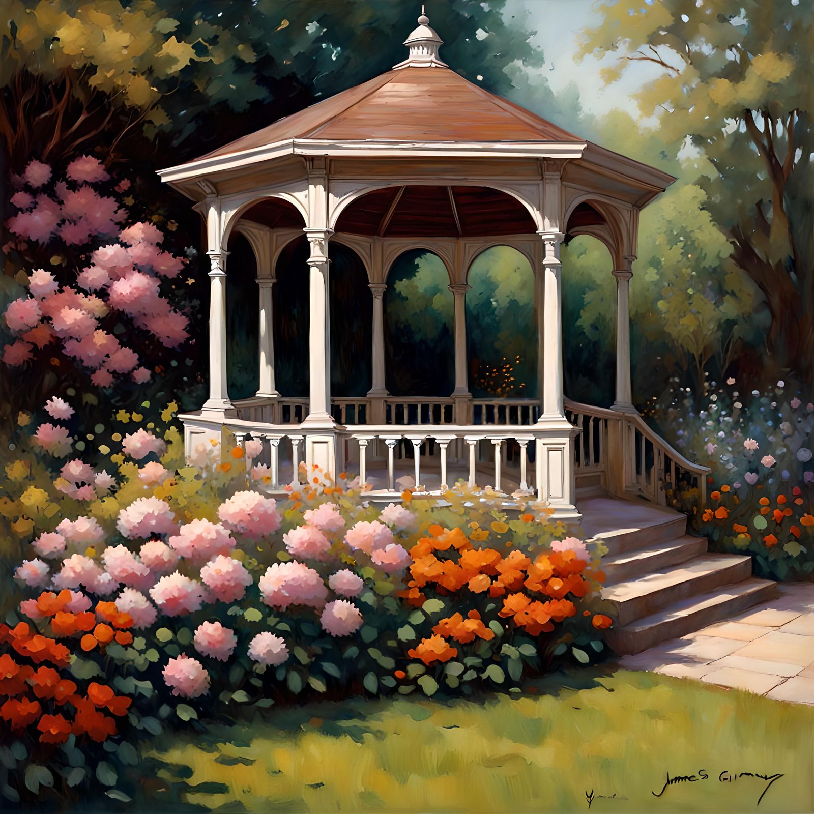 Enigmatic garden tales, gazebo, flowers, art reference James Gurney