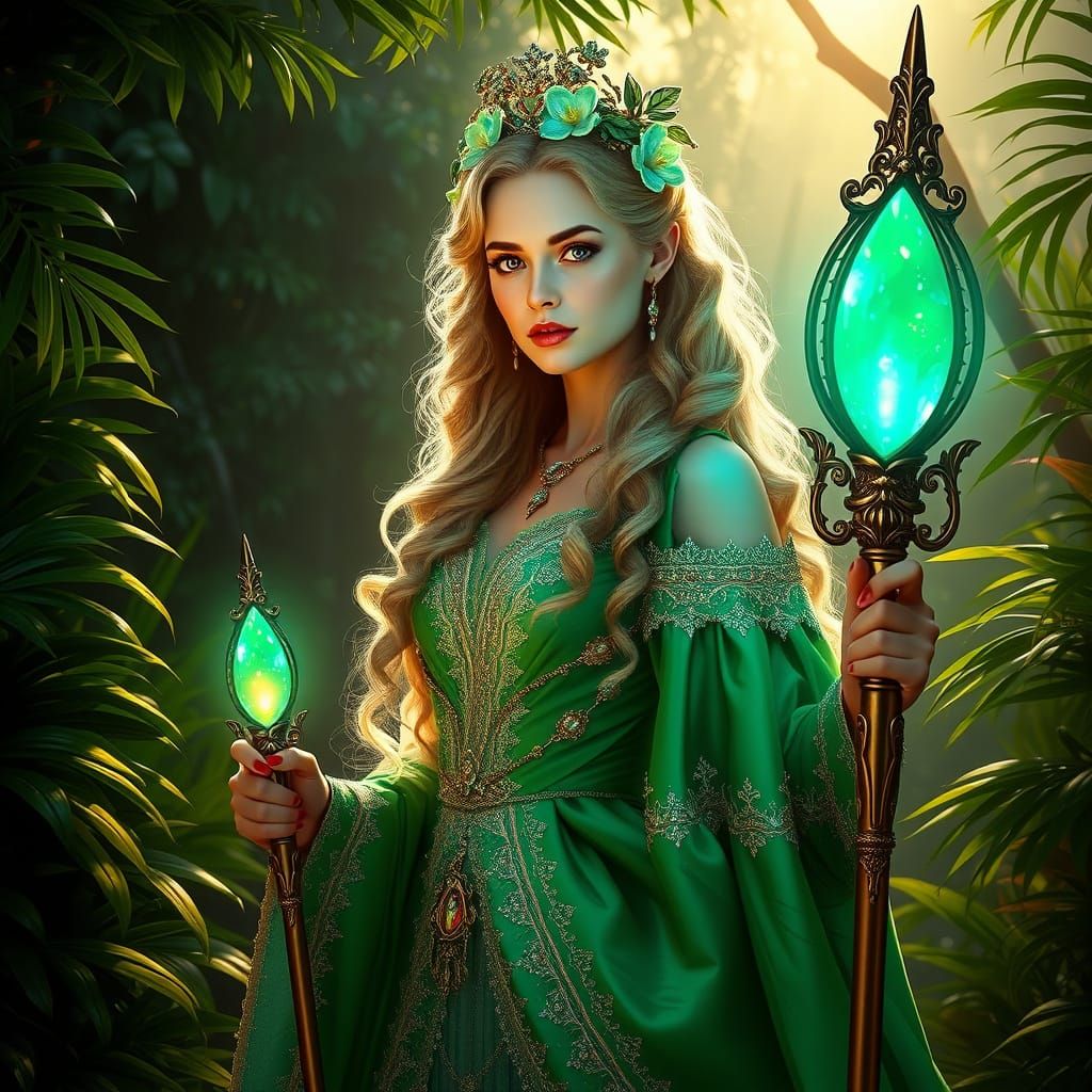 Regal Wizard of Oz Cleric in Emerald Green Gown, Amidst Lush...