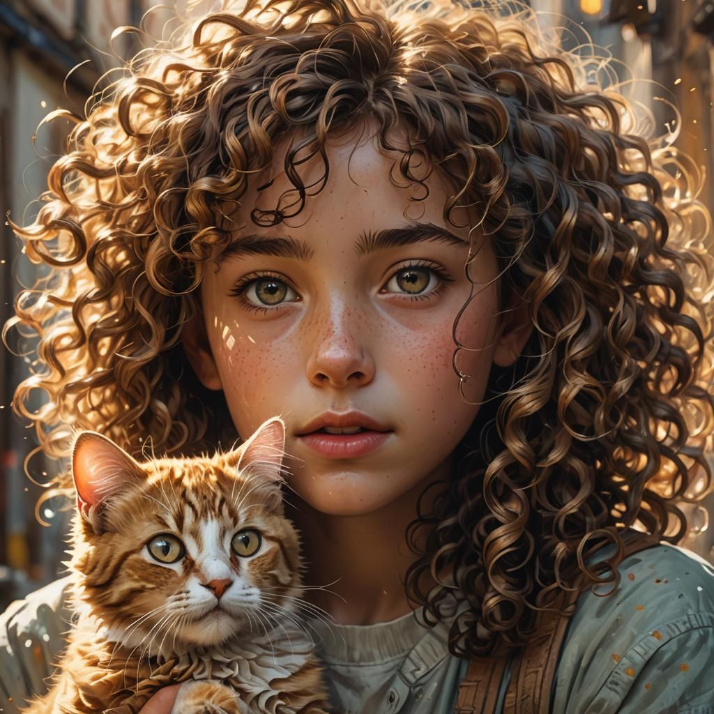 Curly-Haired Girl with Cat in Hyperrealistic Style