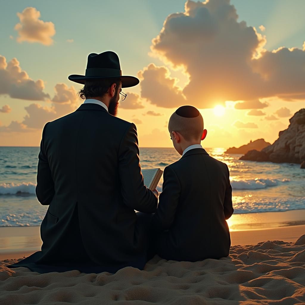 Ultra-Orthodox Jew and Son Reading on Beach