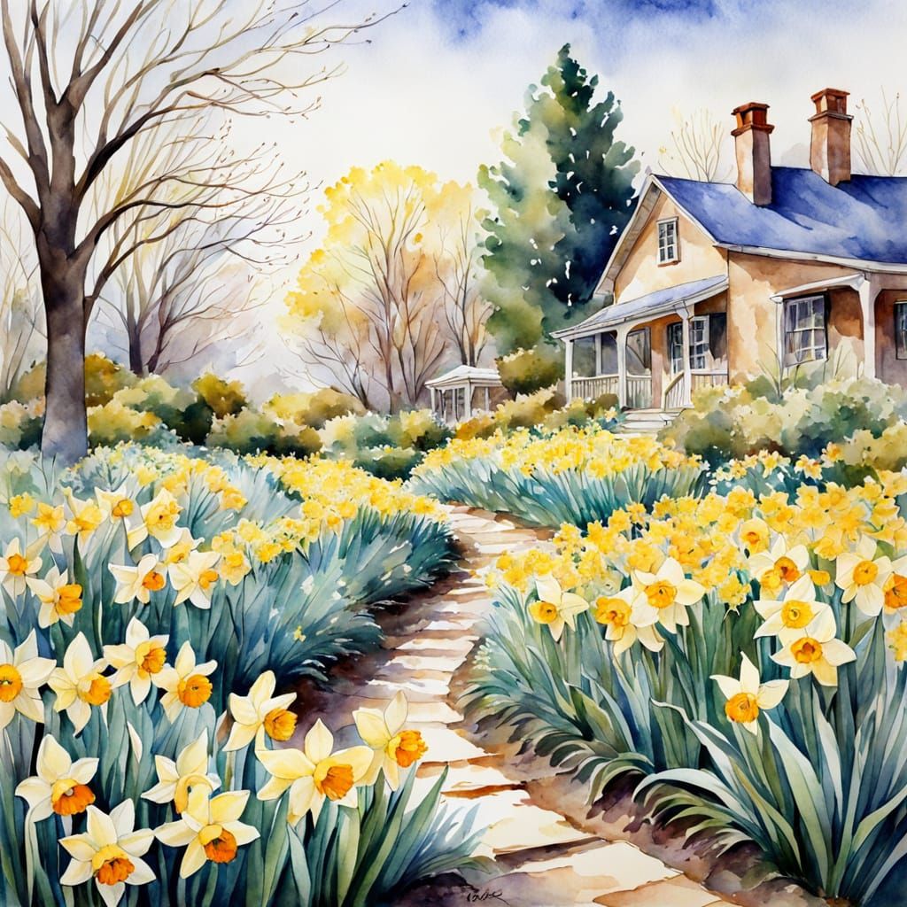 Vibrant Daffodil Garden in Watercolor Style