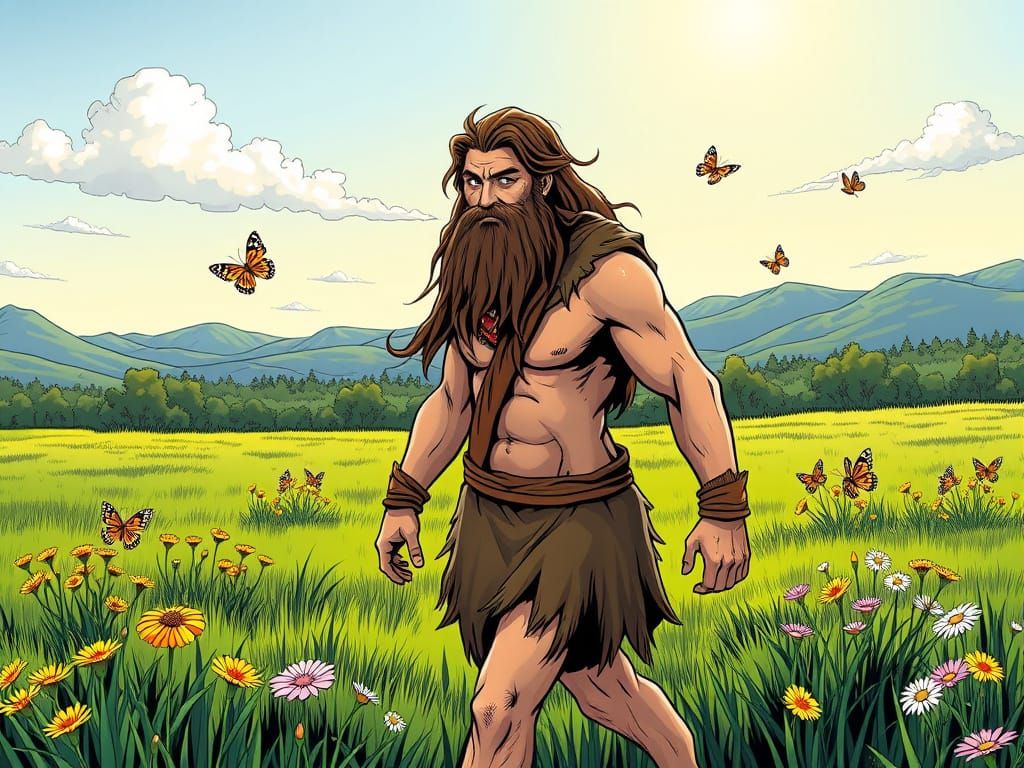 Caveman in a Vibrant Spring Meadow