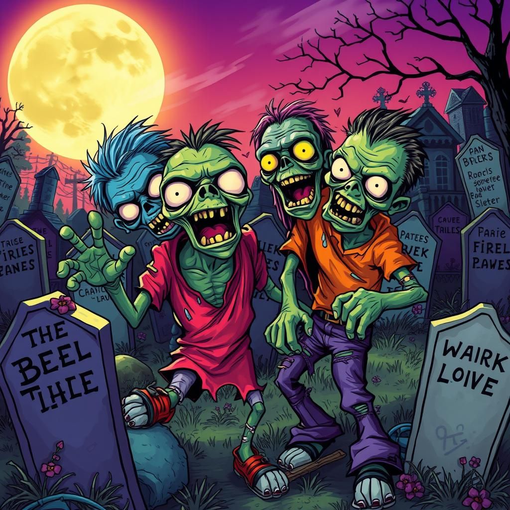 Playful Zombie Cartoon Antics in Moonlit Graveyard