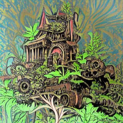 overgrown temple woodcut maximalist steampunk psychedelic
