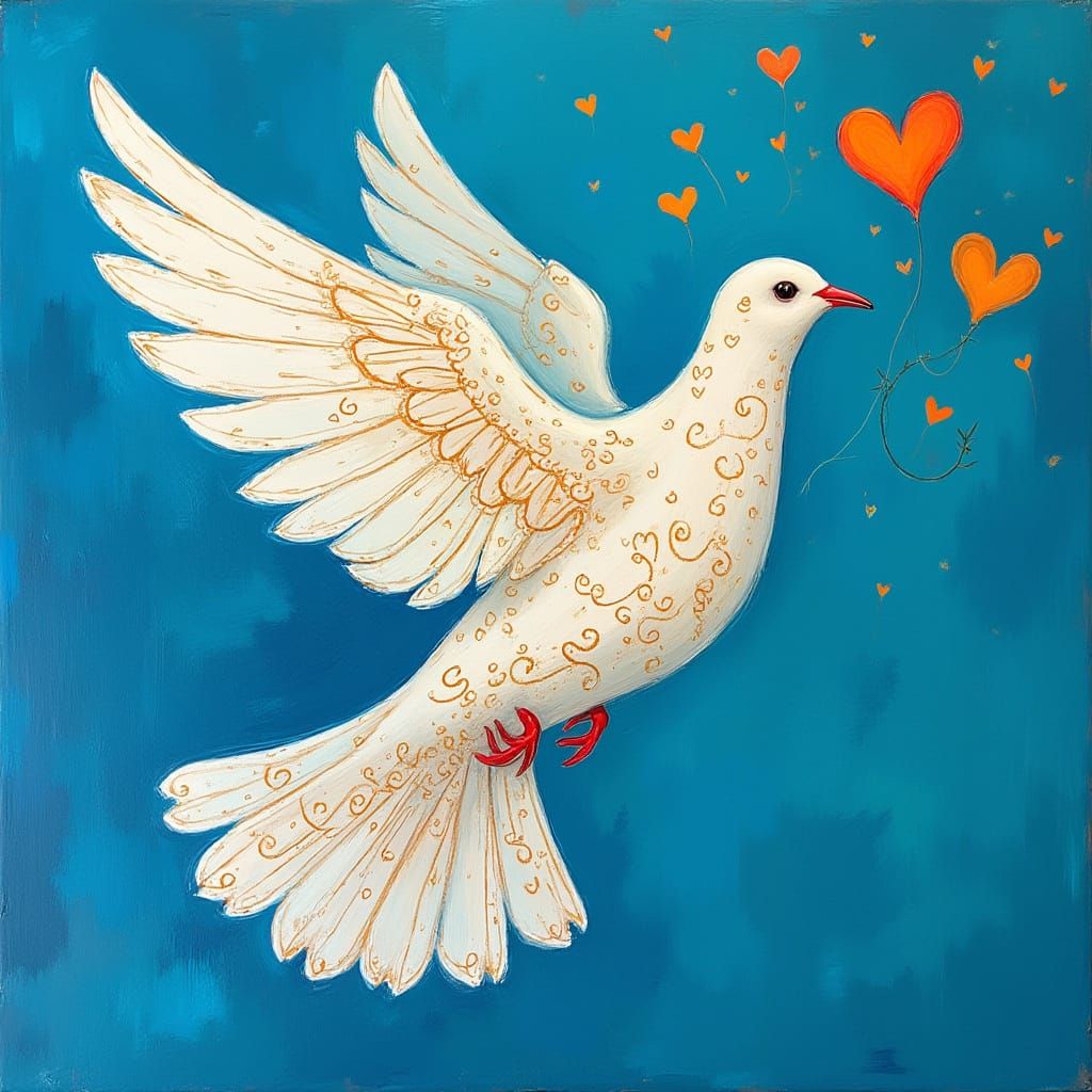 Whimsical Dove Dances with Heart Doodles in Vibrant Colors