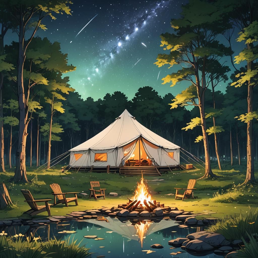 A beautiful huge white modern tent cozy looking by one big campfire with chairs  in a forest at night with shooting star...