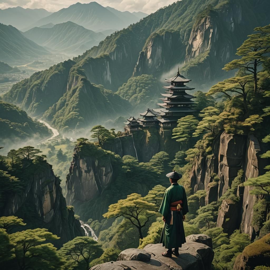 Japanese Hakama Figure Gazing at Mountain Temples