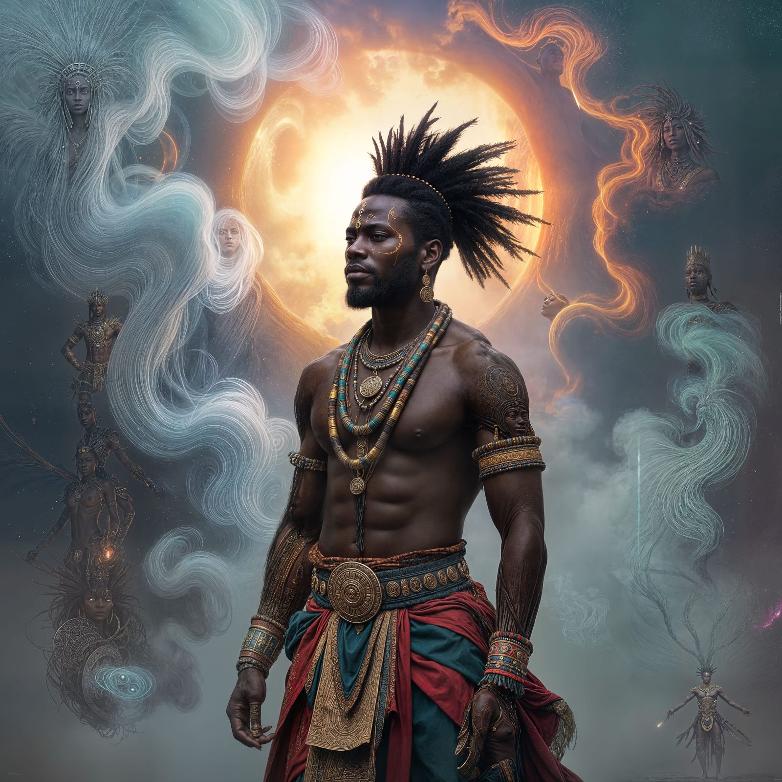 African Warrior in Cosmic Realm, Afrofuturism Style