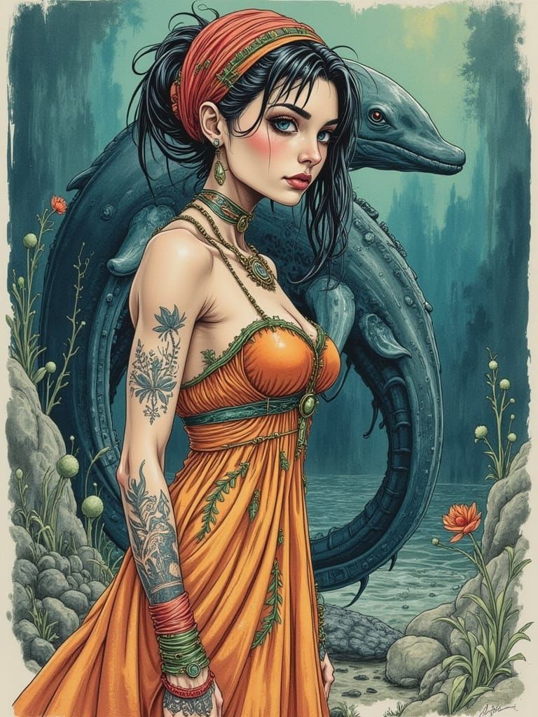 Etruscan Statue with Woman in Pinup Style