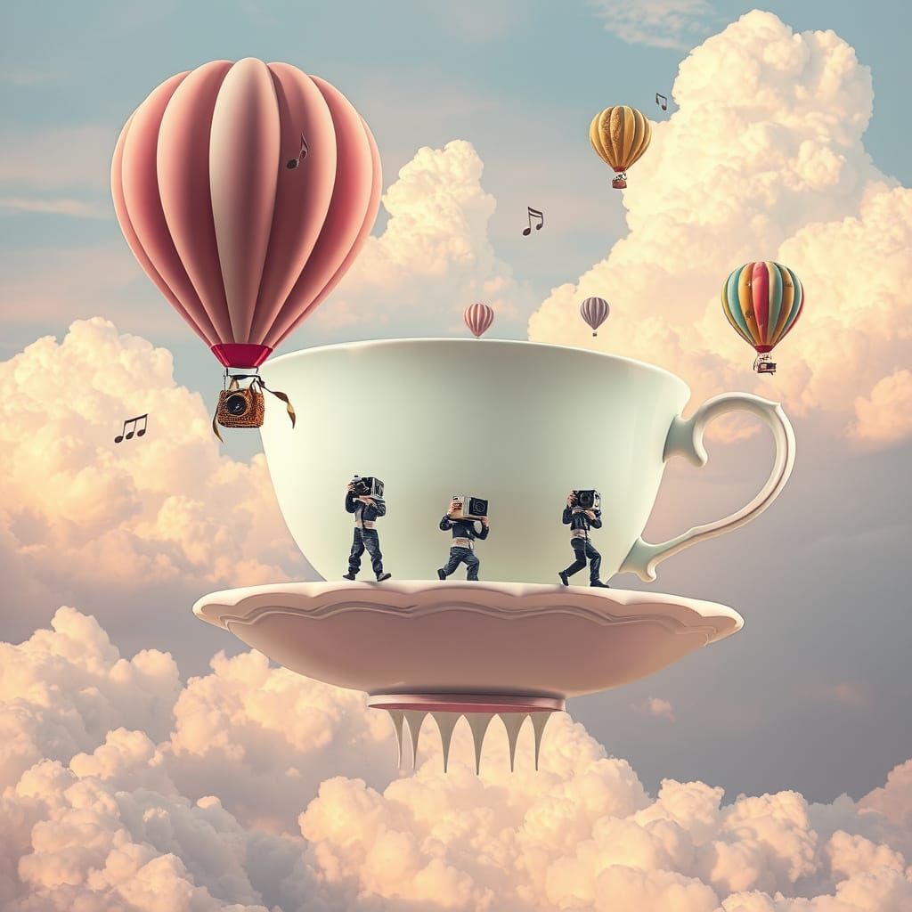 Pastel Teacup in Sky, Dadaism-Inspired Digital Art