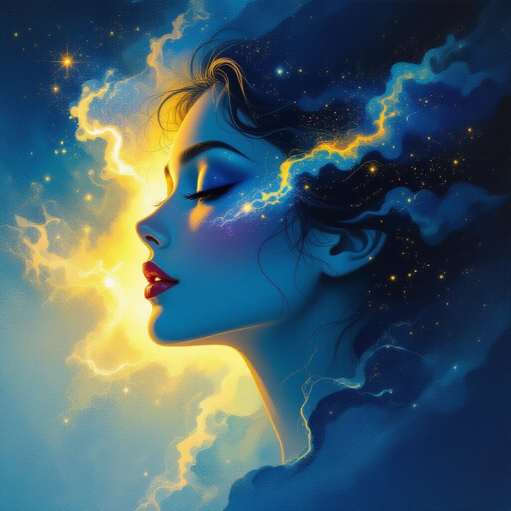 Celestial Woman Nebula Radiating Light in Gouache Style