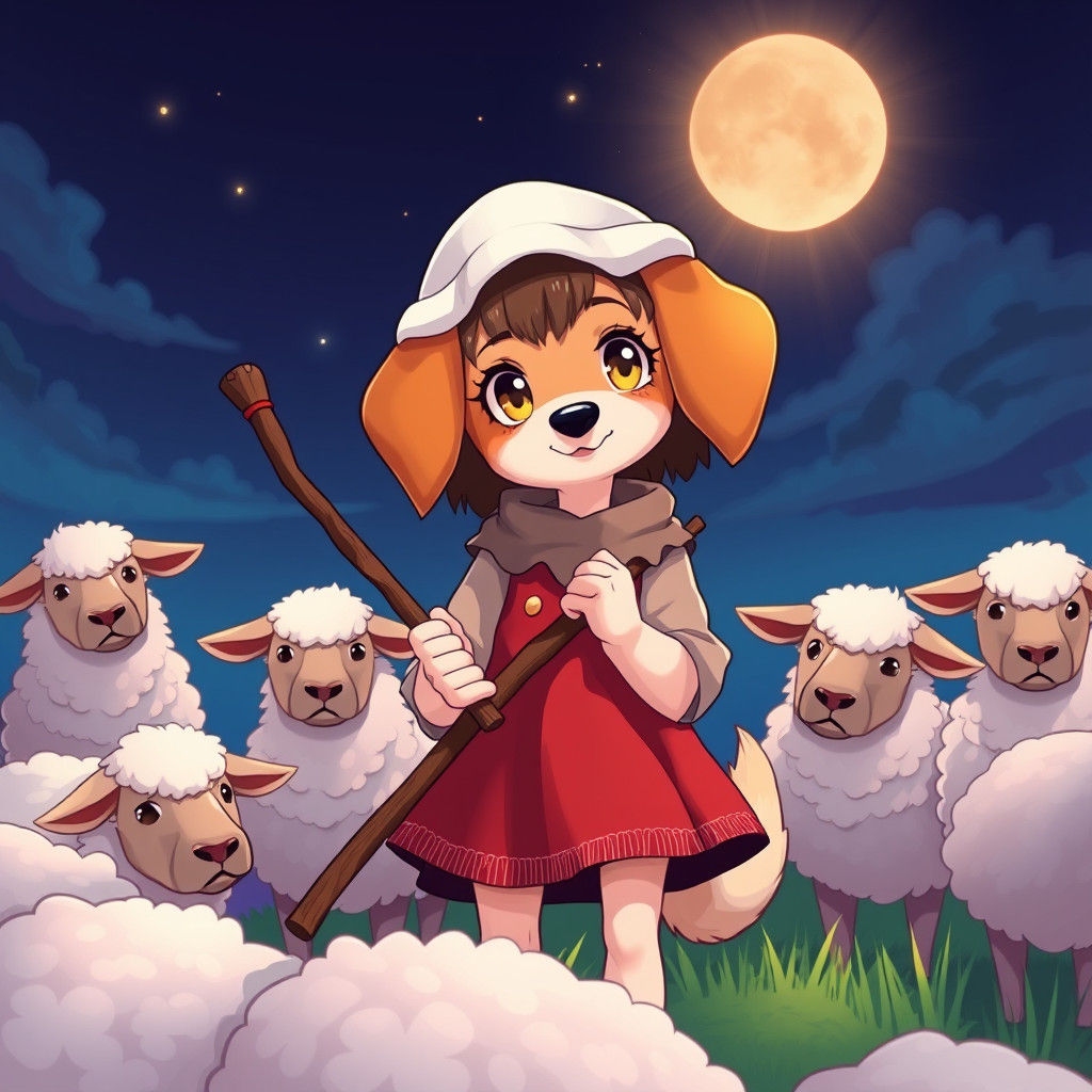 Anime Shepherdess Dog Girl Herding Sheep
