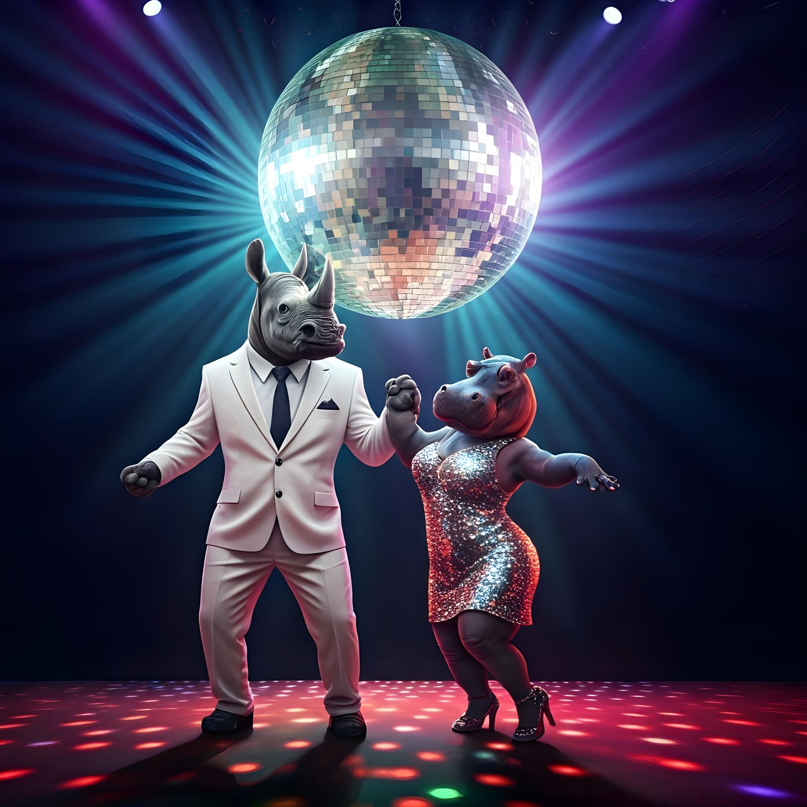 Dancing Disco Rhino and Hippo Under a Neon Disco Ball