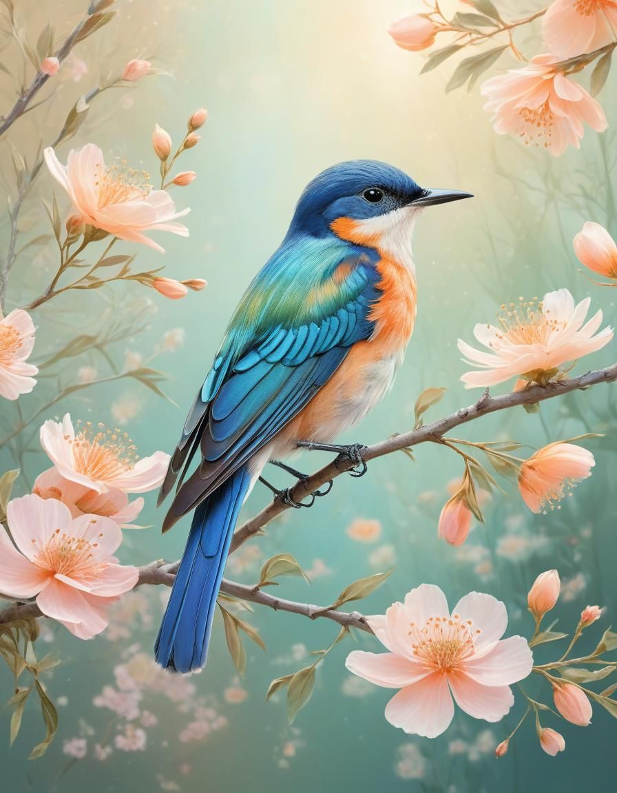 Tranquil Bird Perched Among Pink Flowers