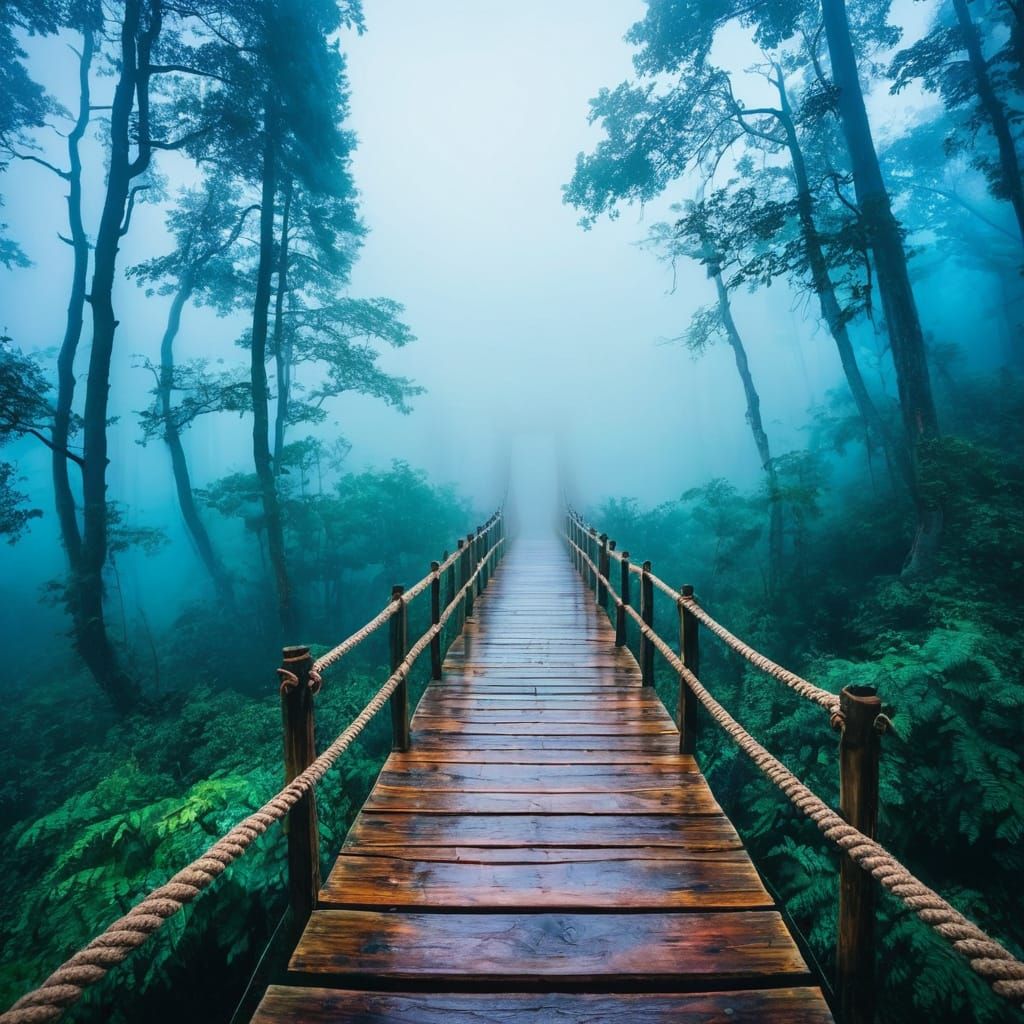 Batman Perched on a Misty Forest Suspension Bridge