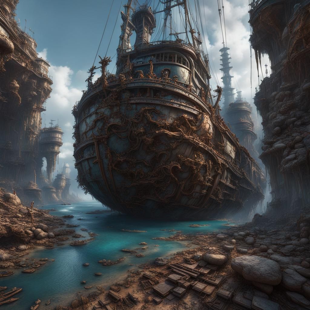 Sunken Ship Surrounded by Grey-Blue Shark