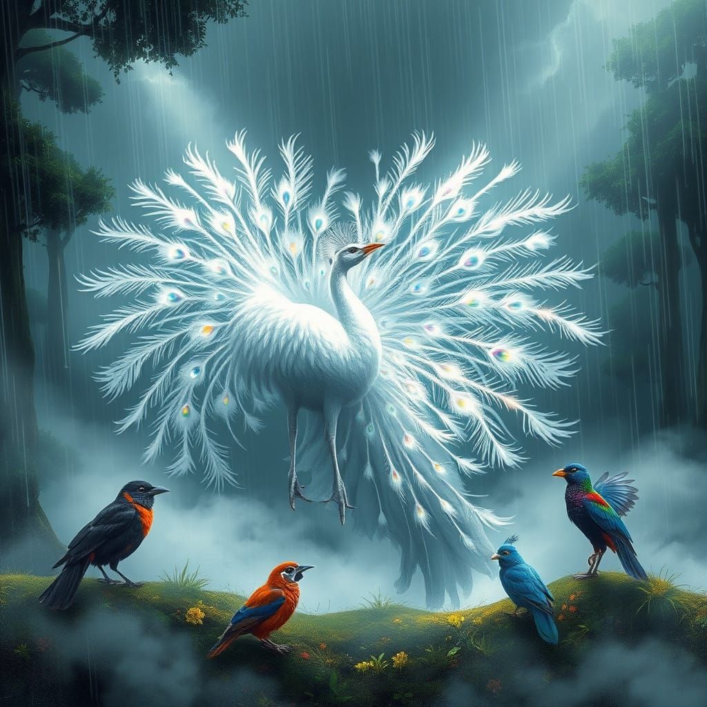 Majestic Peacock Dances Amidst Ethereal Mist