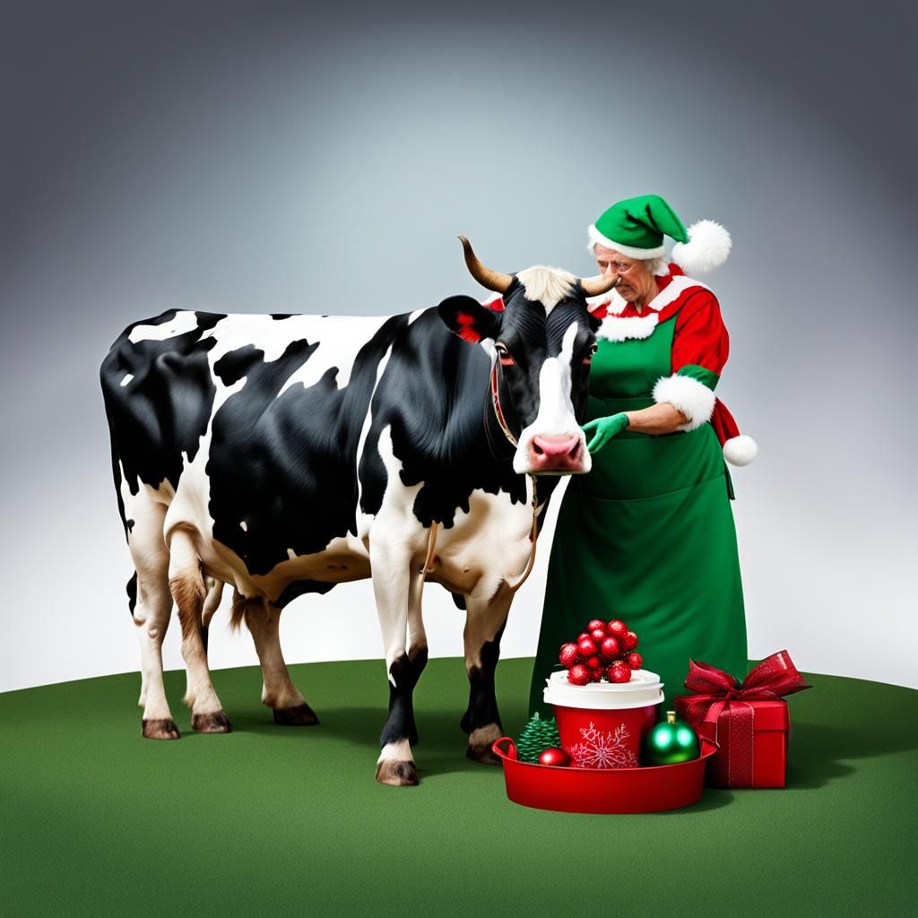 Festive Christmas Elf Milks Red and Green Cow