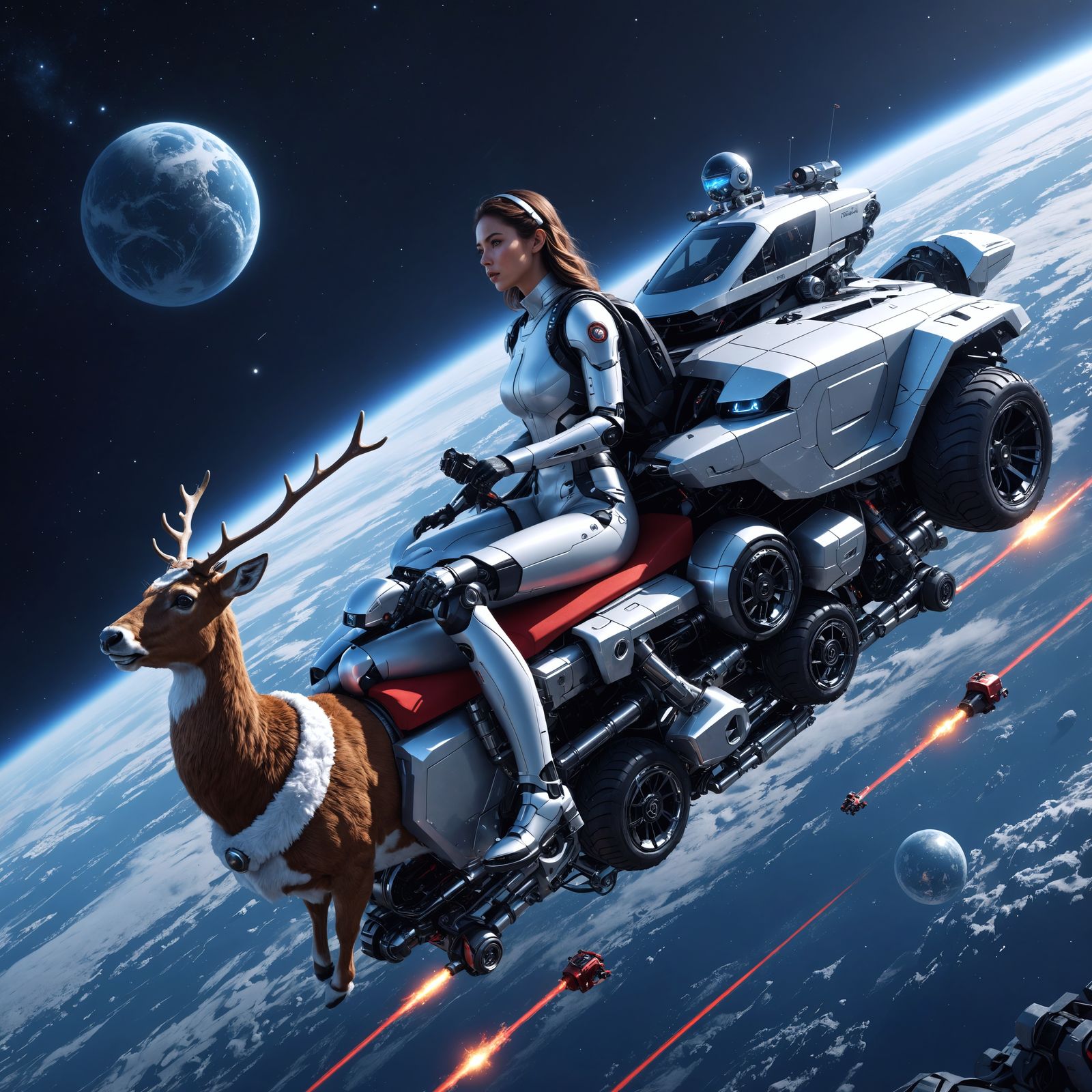 Space Age Santa Sleigh with Robot Reindeer and Drones