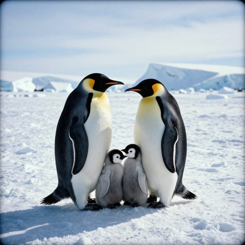 Penguin Family in Snowy Antarctic Landscape