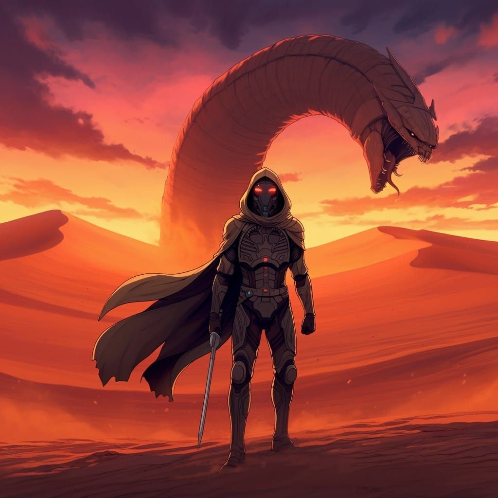Fremen Warrior and Sandworm in Anime Style
