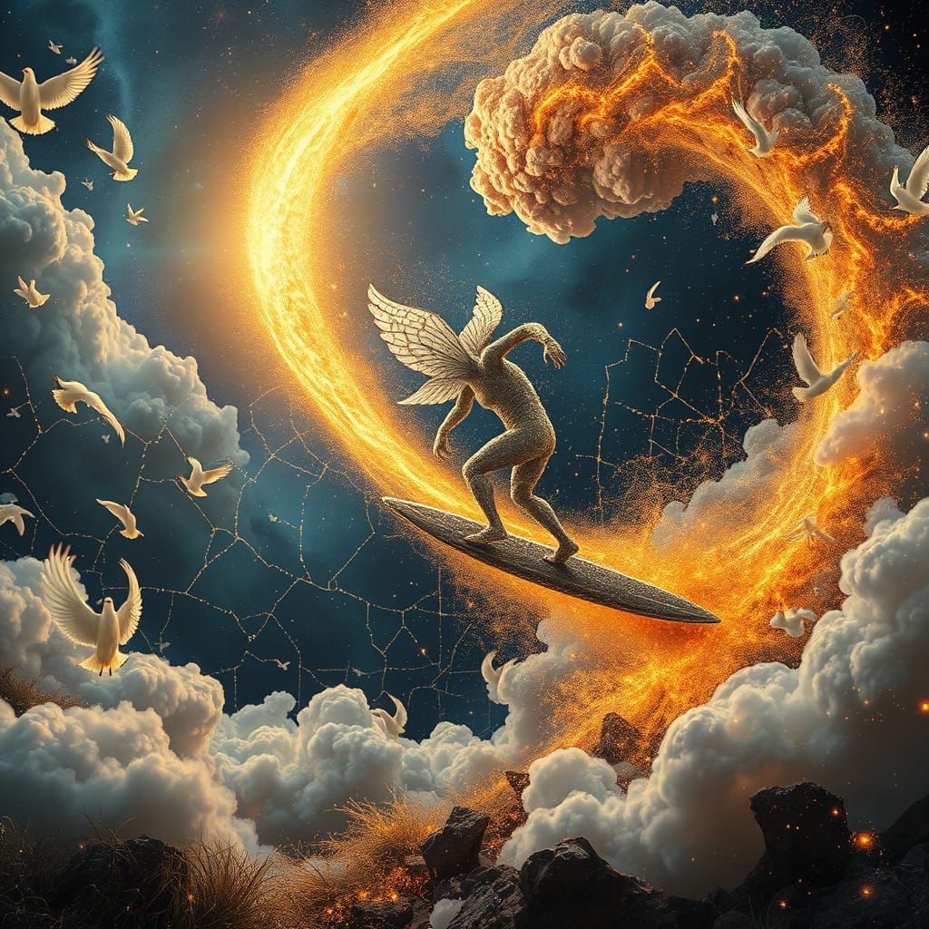 Surreal Cosmic Surfer of Silver Filaments