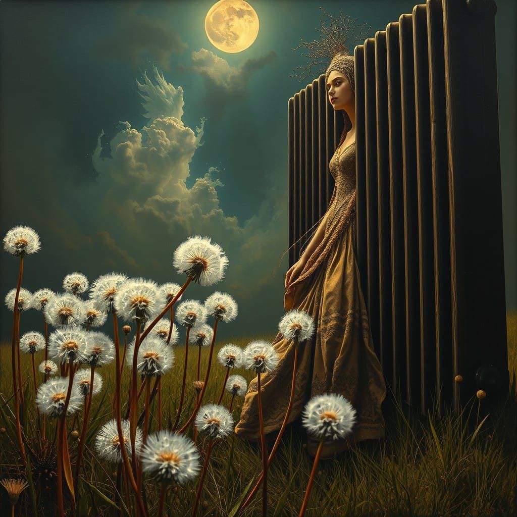 Dandelions and Lady in Radiator: Surreal Oil Painting