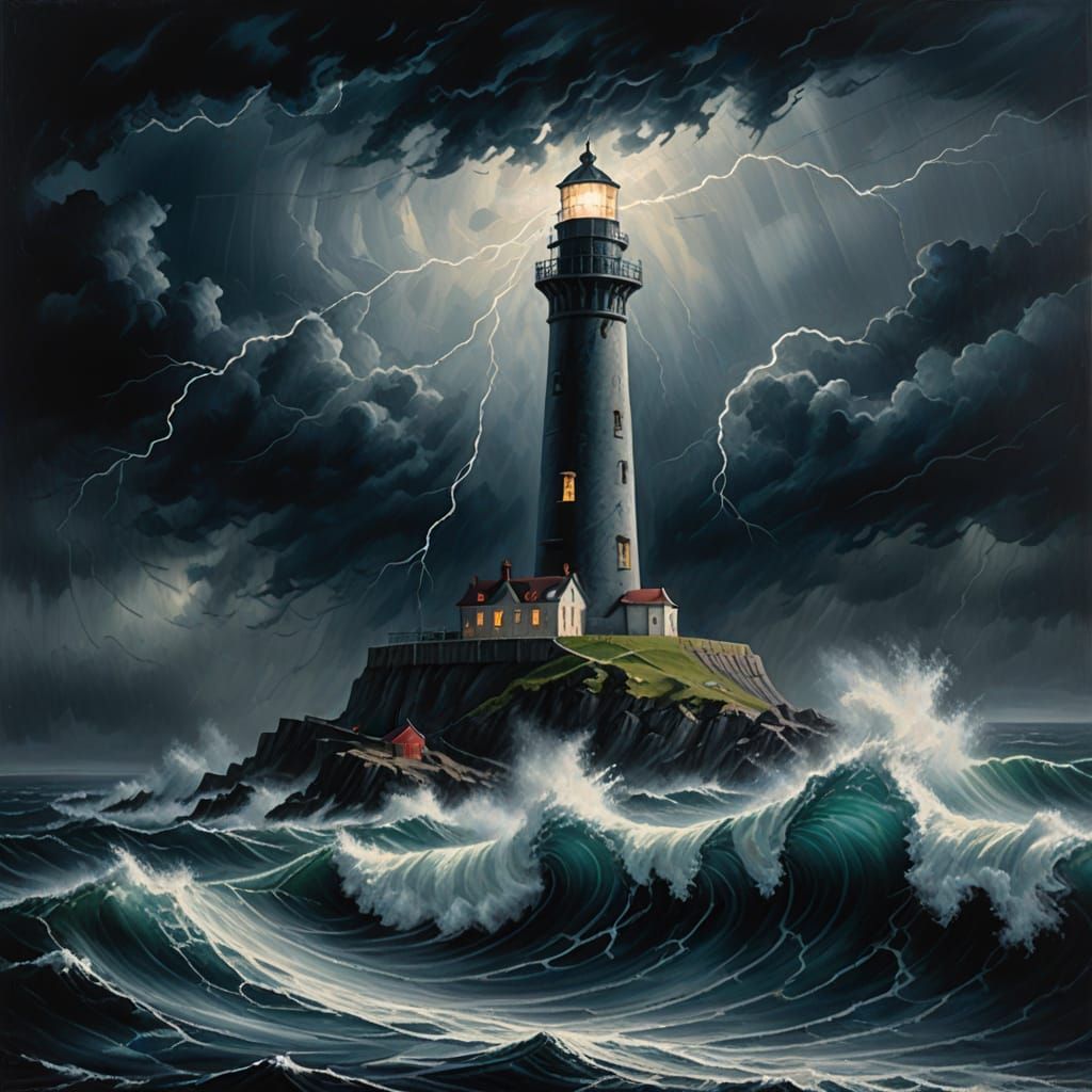 Tempestuous Lighthouse in Expressionist Oil Painting