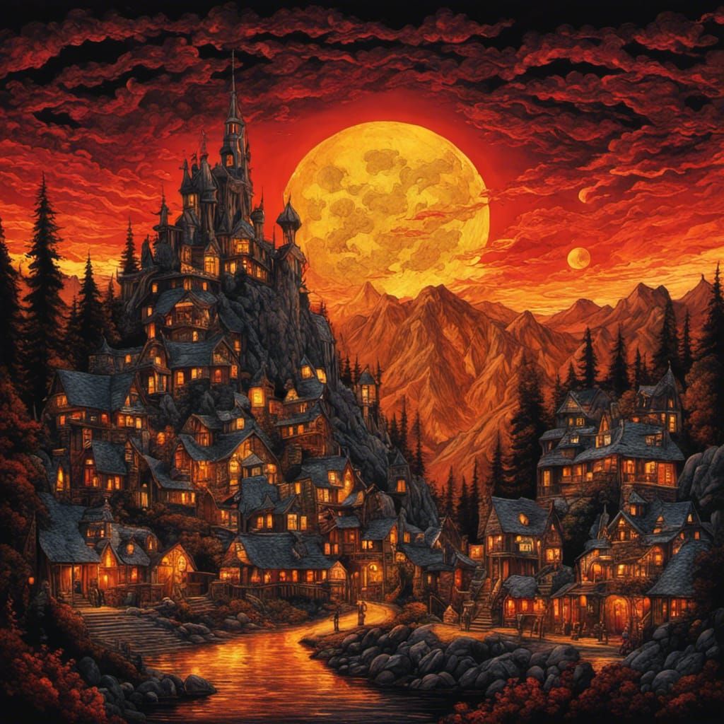 Gothic Mining Village Under a Red Moon