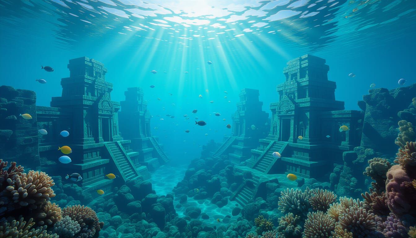 Lost Underwater City Metropolis in Turquoise Ocean