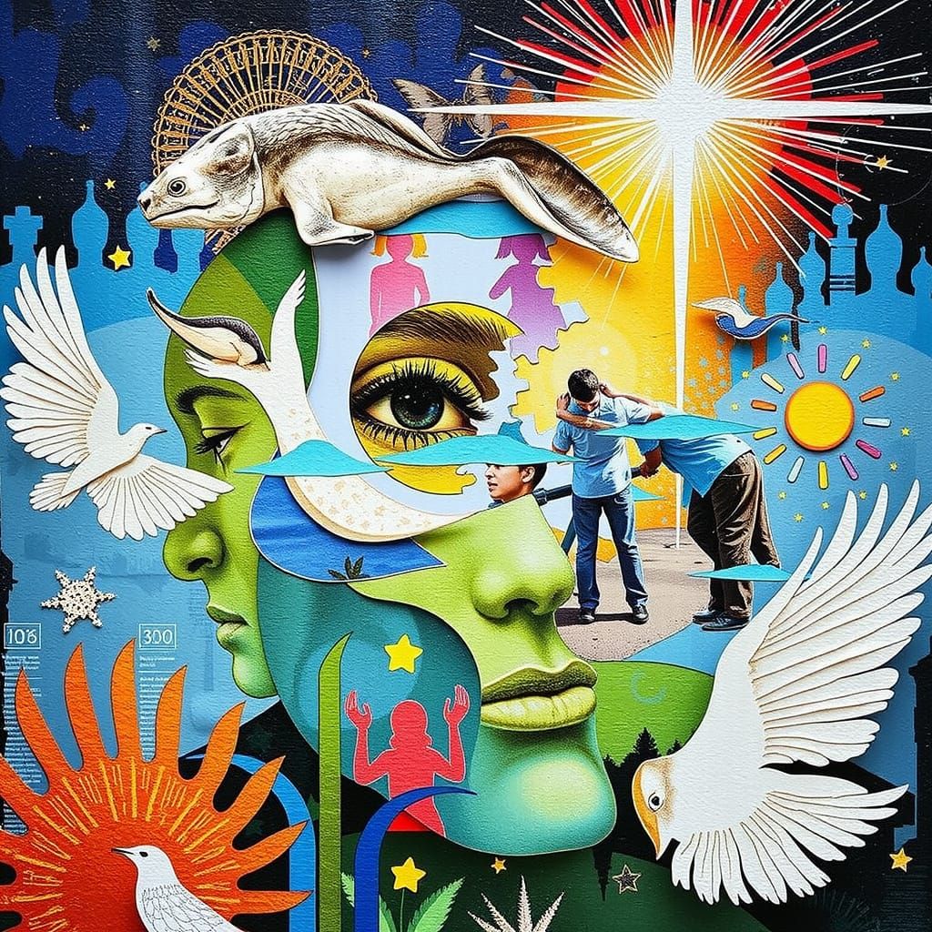 Vibrant 3D Collage Art: Human Compassion in Paper