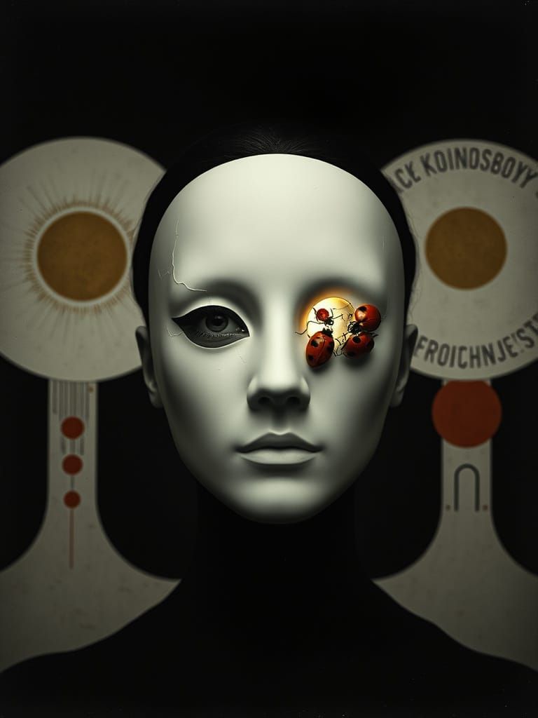 Surreal Woman Wears Glowing Mask with Red Ladybirds