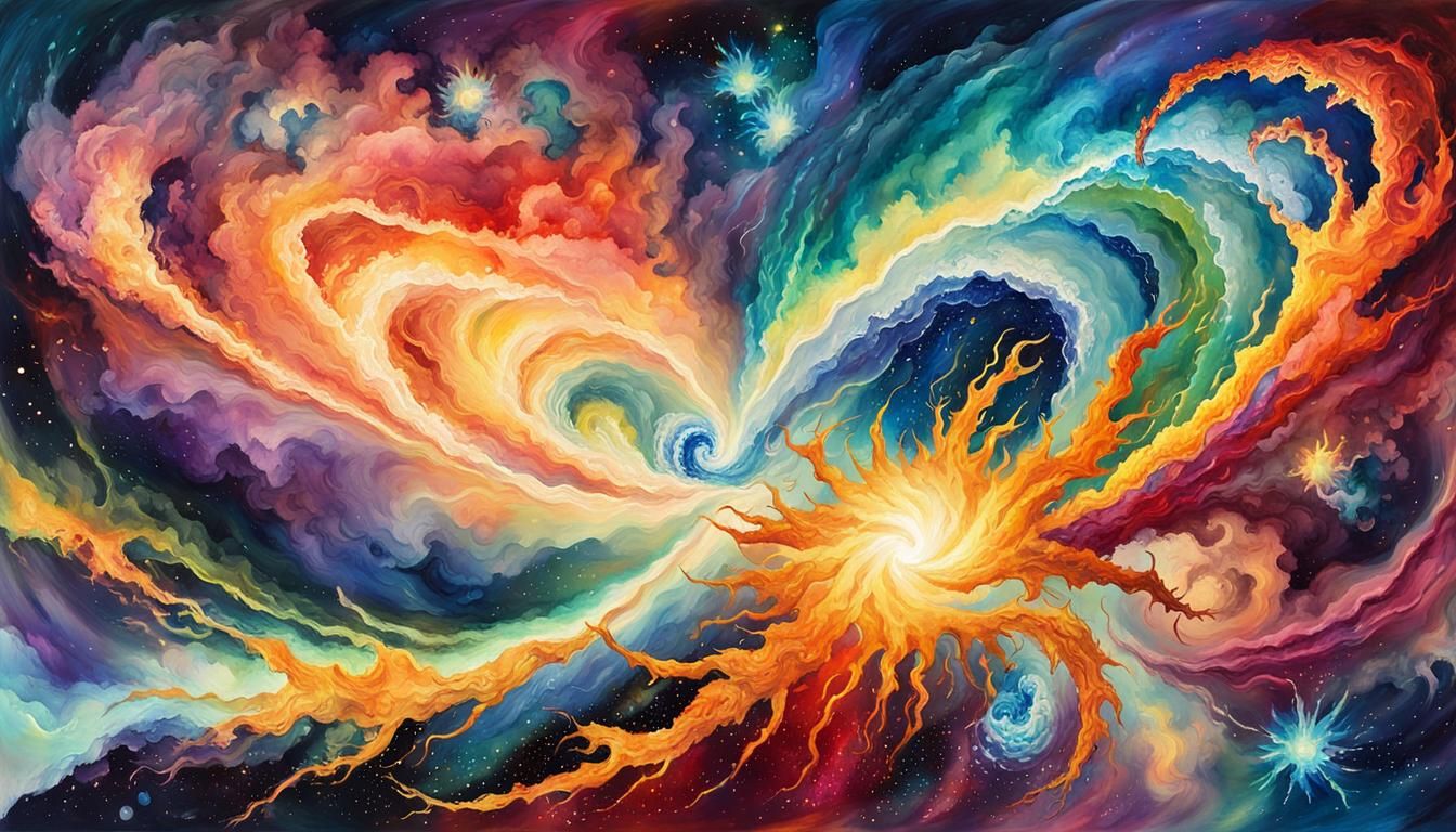 Colorful Quasar with Pulsar Jets in Gouache Style