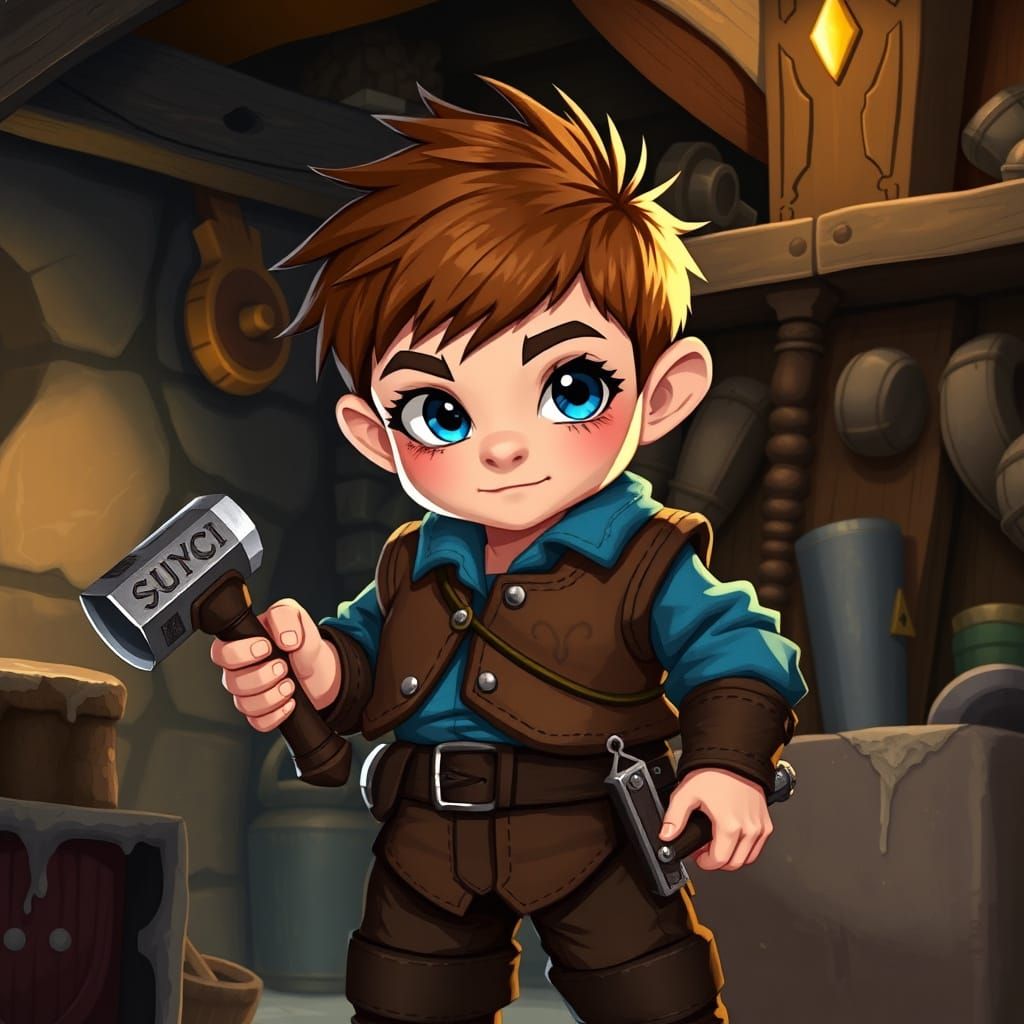 Dwarf Child Crafts Armor in Anime Style