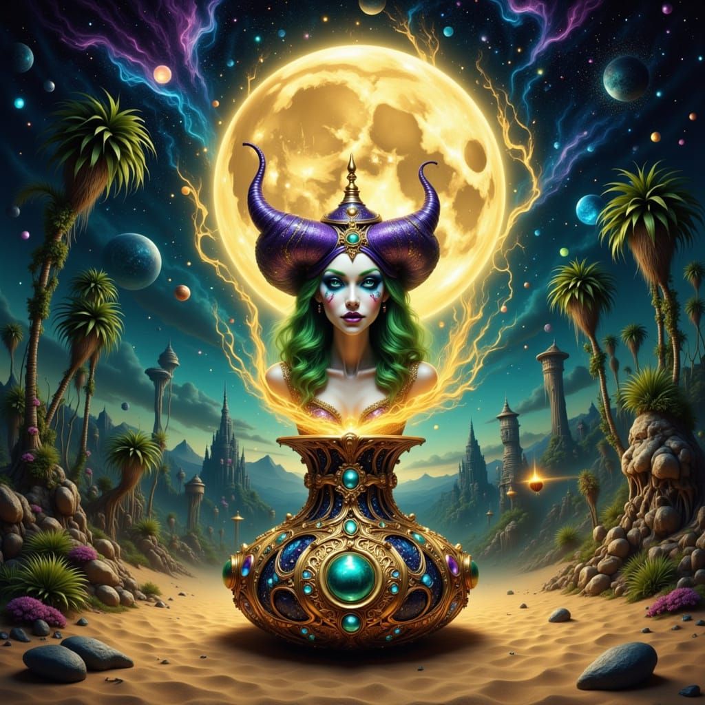 Evil Genie With Joker Face Emerges From Bottle in Oasis