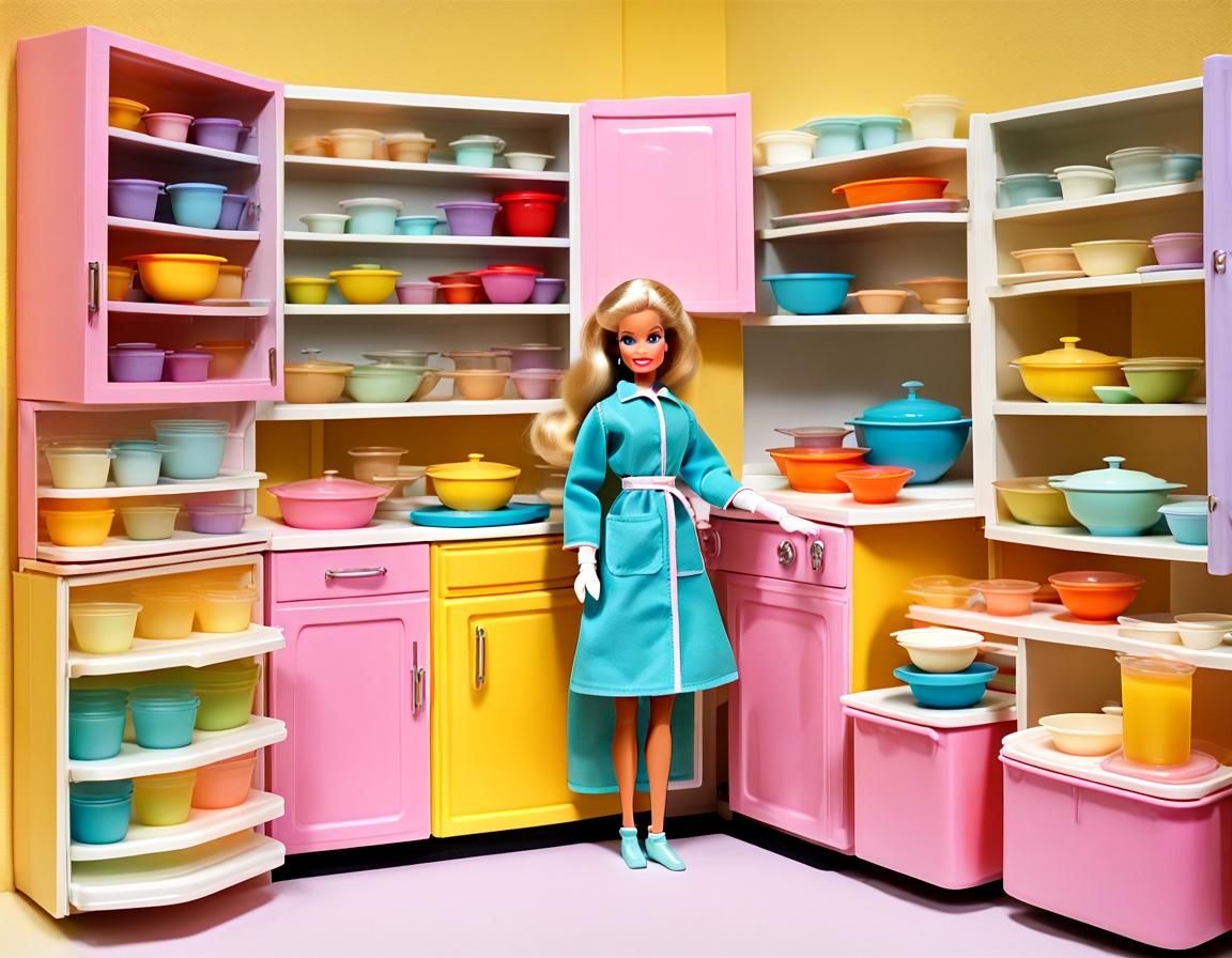 Barbie Doll in 1970s Kitchen with Tupperware