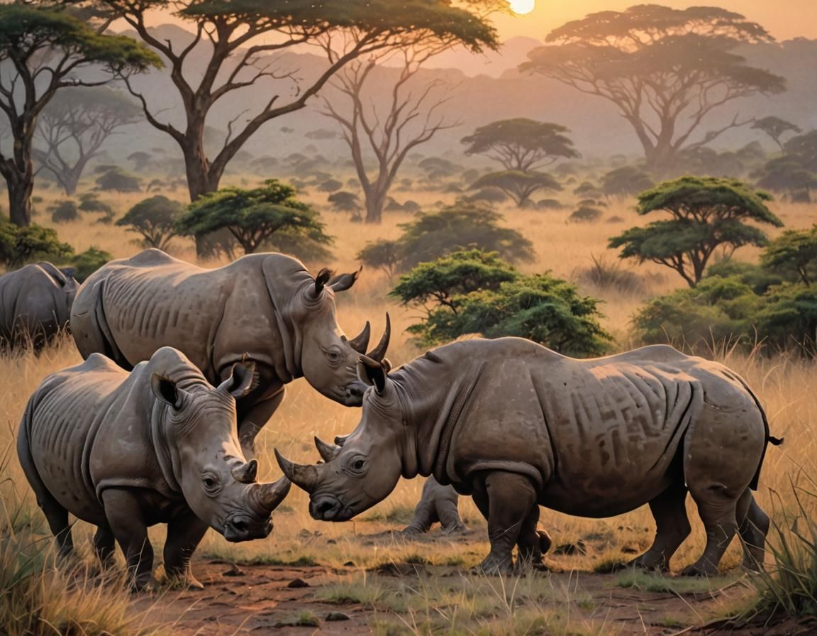 Rhinos at Sunset: A Gouache Watercolor Painting