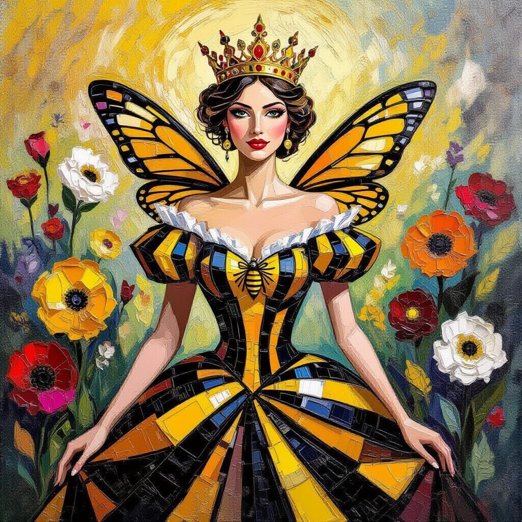 Regal Woman as Queen Bee in Neo-Impressionist Style