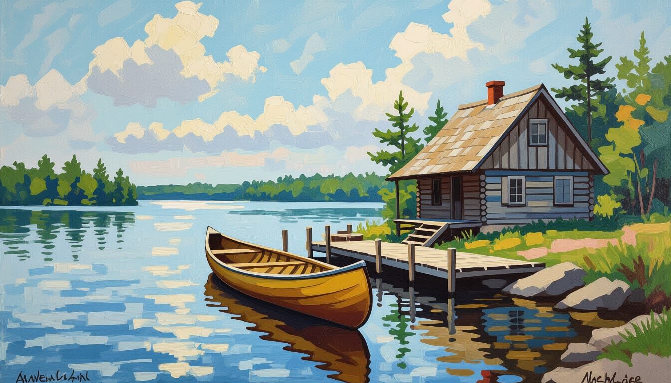 Gouache Painting of Lakeside Cabin and Canoe