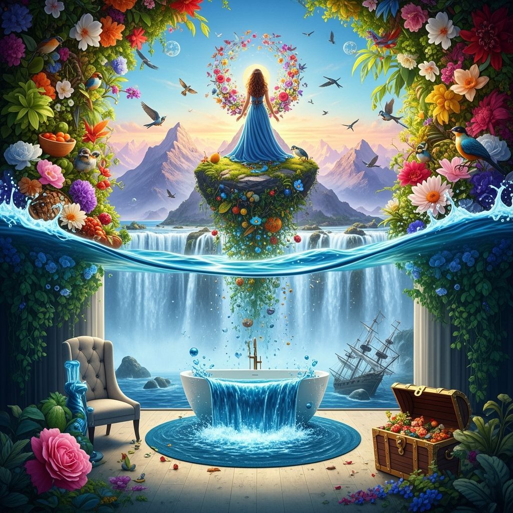 Ultrarealistic Mountaintop Scene with Waterfall and Overflow...