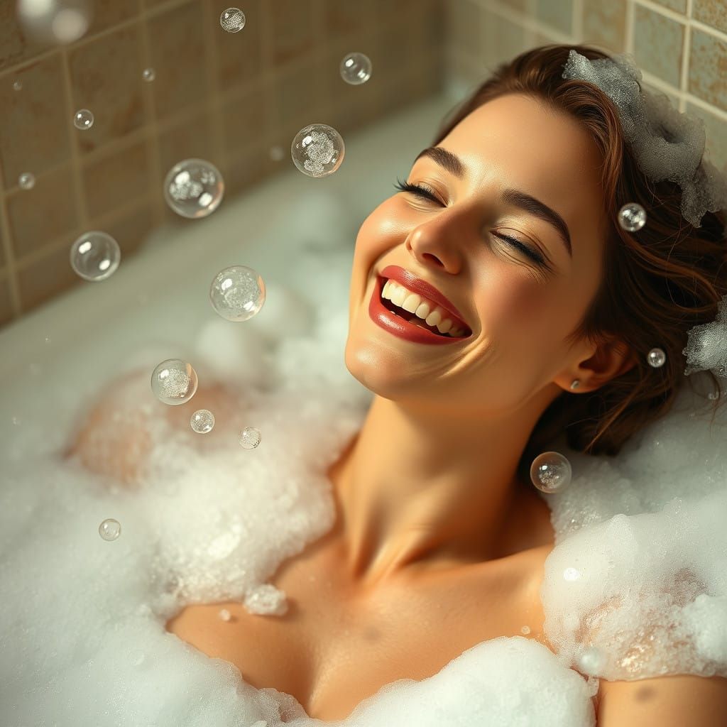 Beautiful Woman Surrounded by Soap Bubbles in a Dreamlike Ba...