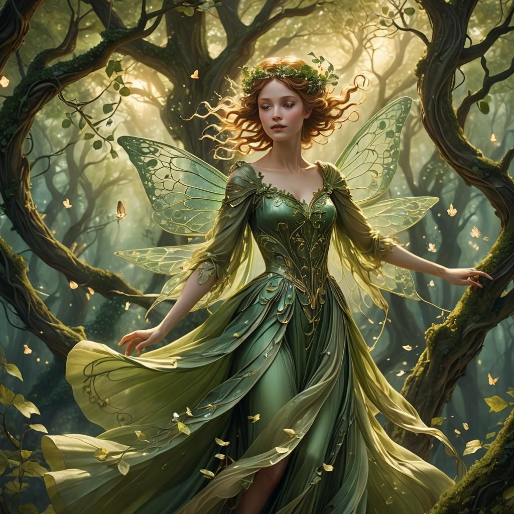Green Fairy in Forest: Romantic Art Nouveau Style