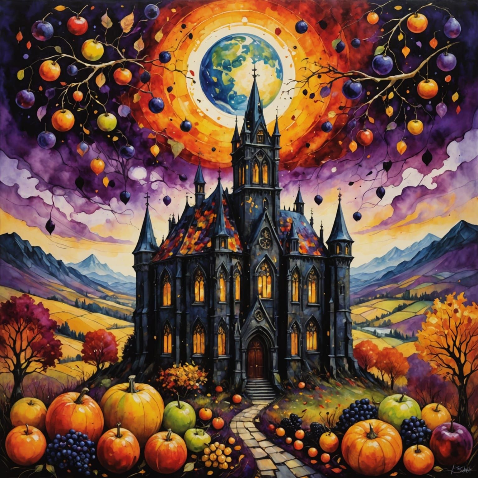 Gothic Autumn Landscape with Klimt Fruits