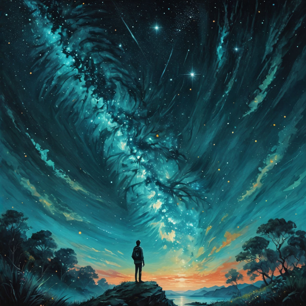 Ethereal Turquoise Starry Sky in Impressionistic Style