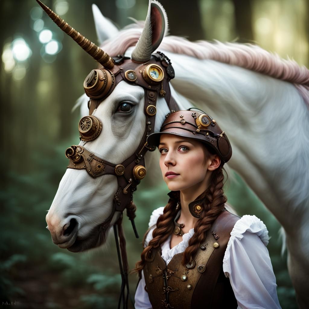 Steampunk Unicorn Princess Portrait in Enchanted Forest